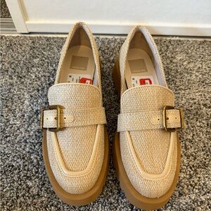 Dolce Vita Cream Tan Woven Loafers with Gold Buckle